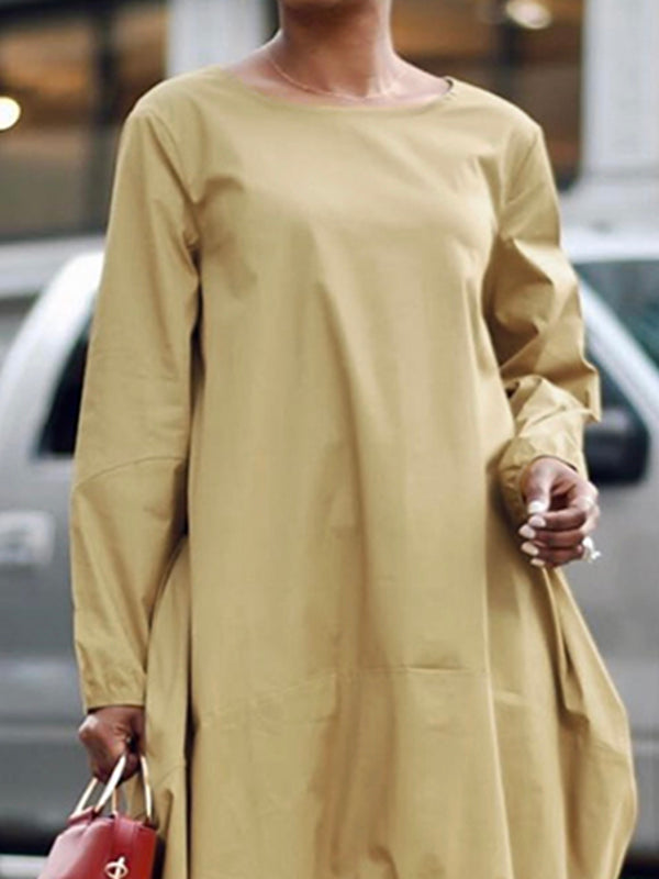 Long Sleeves Solid Color Round-Neck Midi Dresses