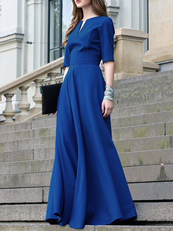 Half Sleeves High Waisted Solid Color Tied Waist V-Neck Maxi Dresses