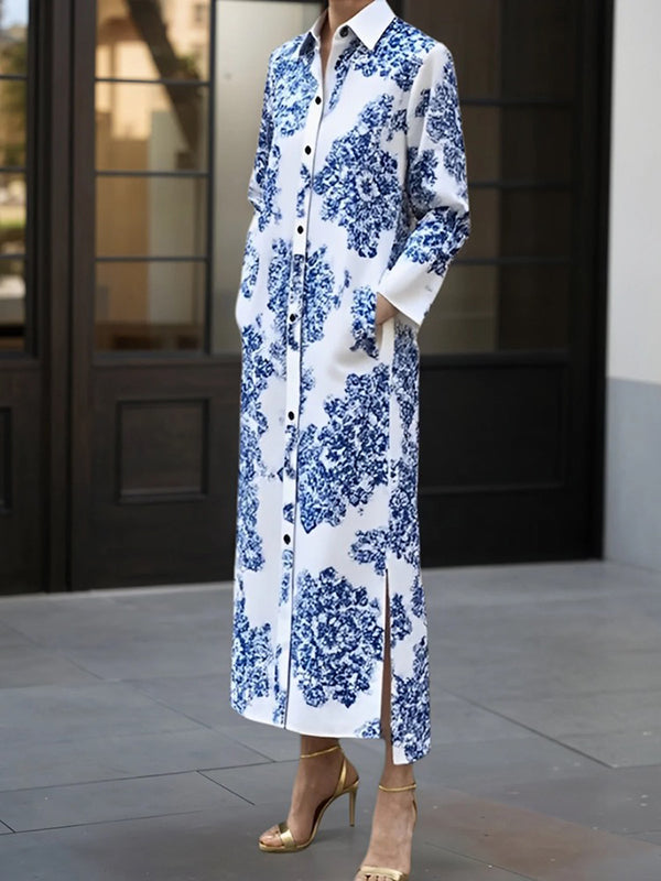 Long Sleeves Buttoned Printed Split-side Lapel Maxi Dresses Shirt Dress