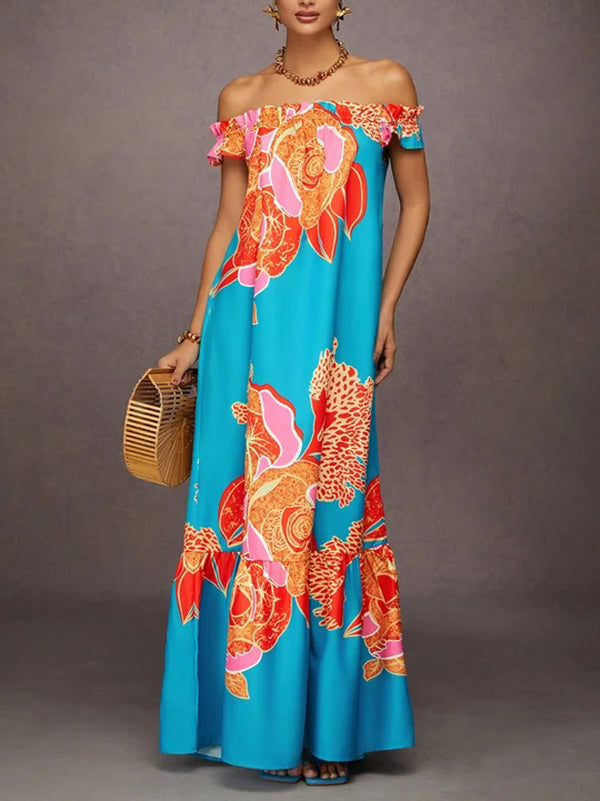 A-Line Loose Elasticity Flower Print Pleated Split-Joint Off-The-Shoulder Maxi Dresses