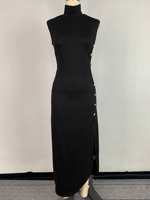 Bodycon Sleeveless Buttoned Solid Color Split-Side High Neck Maxi Dresses
