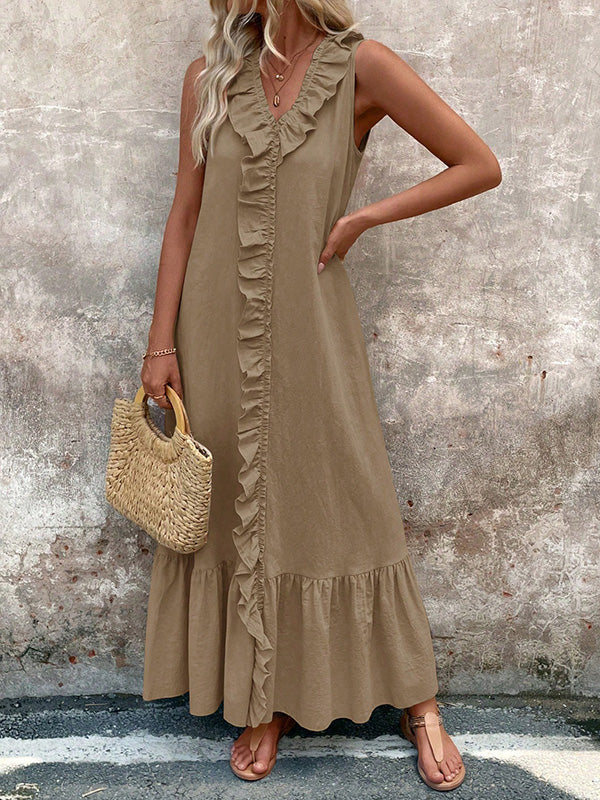 A-Line Loose Pleated Ruffle Trim Solid Color V-Neck Maxi Dresses