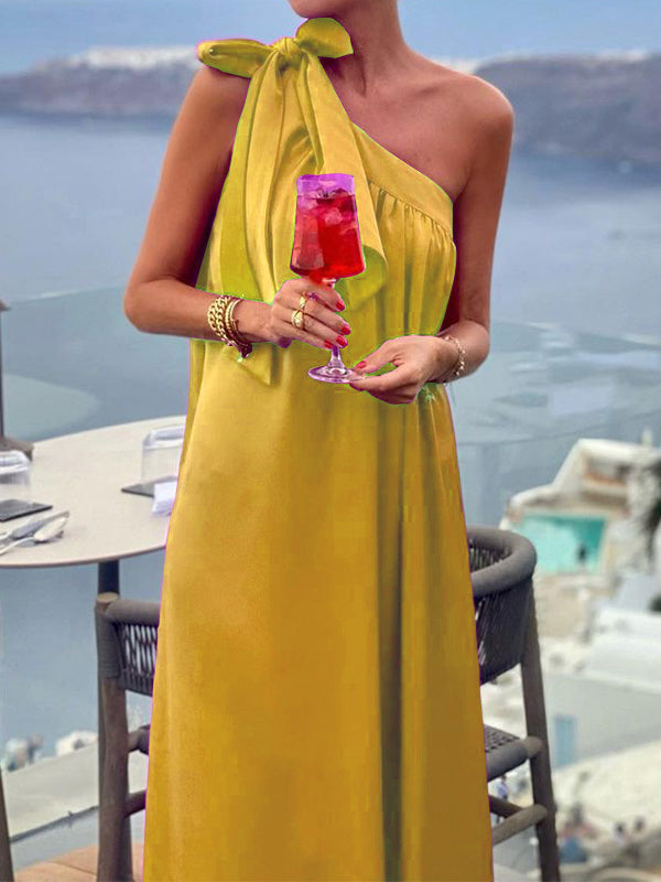 A-Line Loose Asymmetric Pleated Solid Color Tied One-Shoulder Maxi Dresses