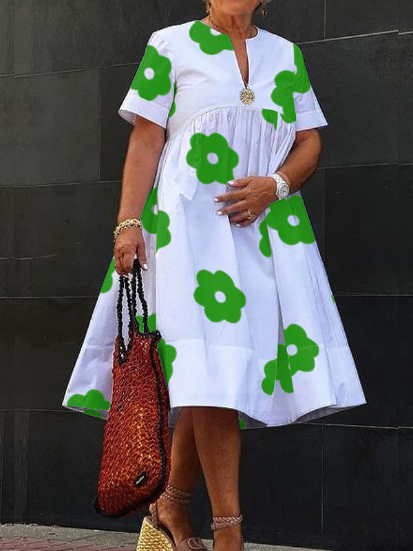 A-Line Loose Flower Print Pleated Split-Joint Round-Neck Midi Dresses