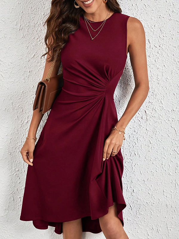 A-Line High Waisted Asymmetric Pleated Solid Color Split-Joint Round-Neck Midi Dresses