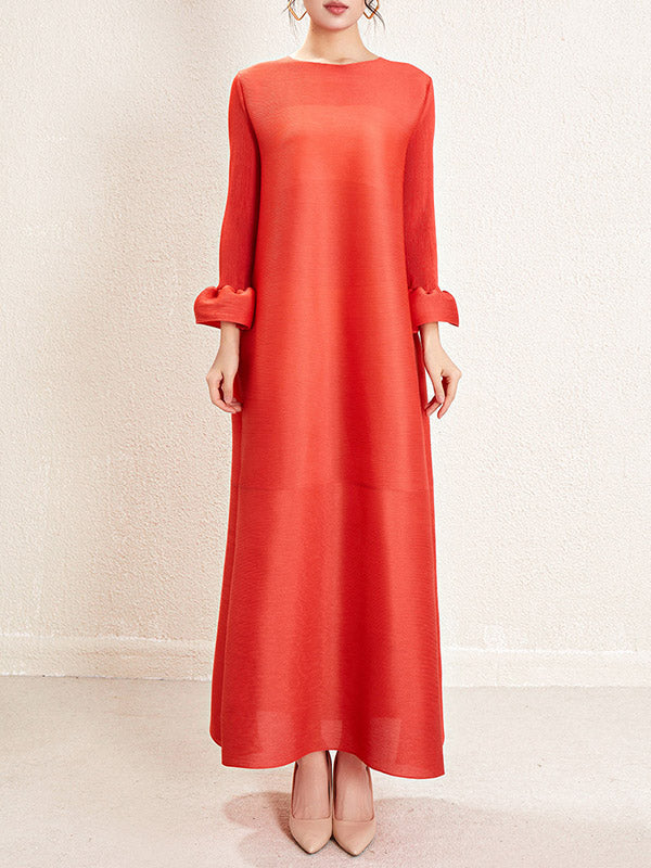 A-Line Loose Pleated Solid Color Round-Neck Maxi Dresses
