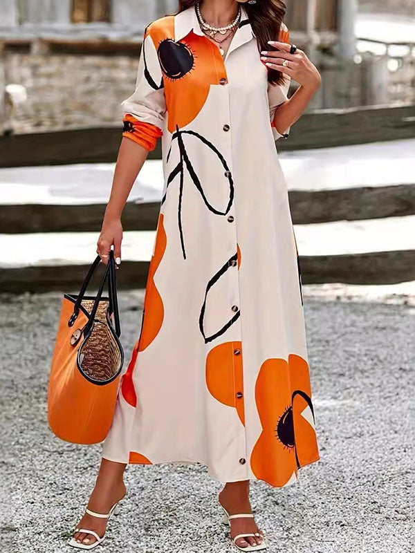 Long Sleeves Loose Floral Printed Split-Joint Lapel Maxi Dresses Shirt Dress