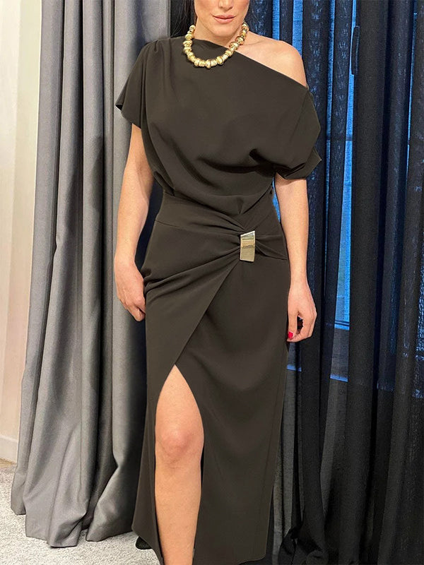 Raglan Sleeve Asymmetric Pleated Split-Front Split-Joint One-Shoulder Evening Dresses Maxi Dresses