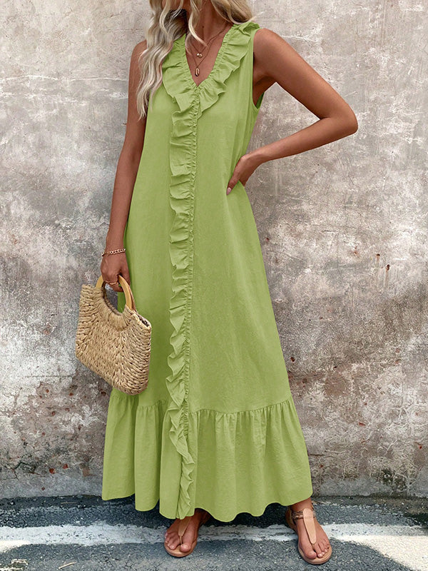 A-Line Loose Pleated Ruffle Trim Solid Color V-Neck Maxi Dresses
