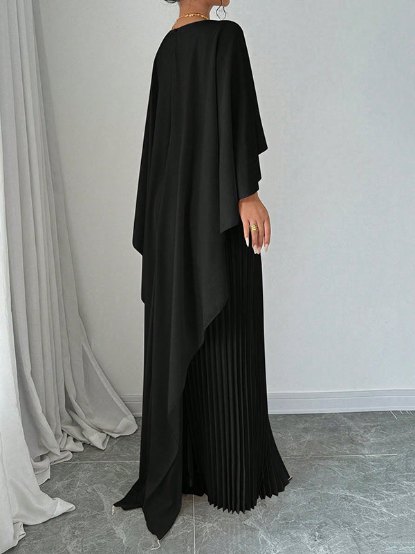Cape High-Low Pleated Solid Color Split-Joint Round-Neck Evening Dresses Maxi Dresses