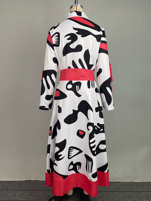 A-Line Long Sleeves Buttoned Contrast Color Tied Waist Notched Collar Maxi Dresses Shirt Dress