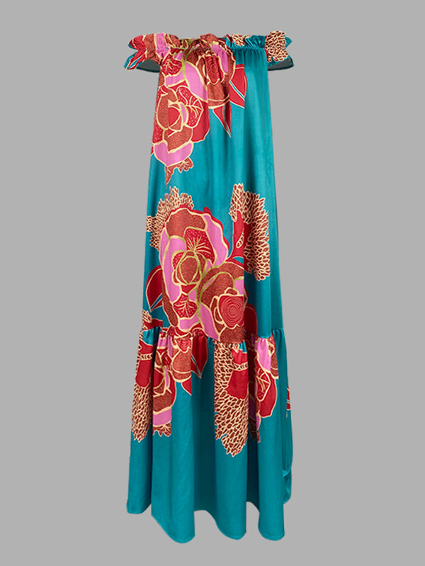 A-Line Loose Elasticity Flower Print Pleated Split-Joint Off-The-Shoulder Maxi Dresses