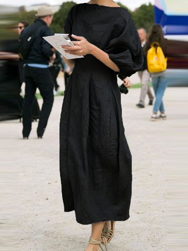 Half Sleeves Loose Solid Color Round-neck Maxi Dresses