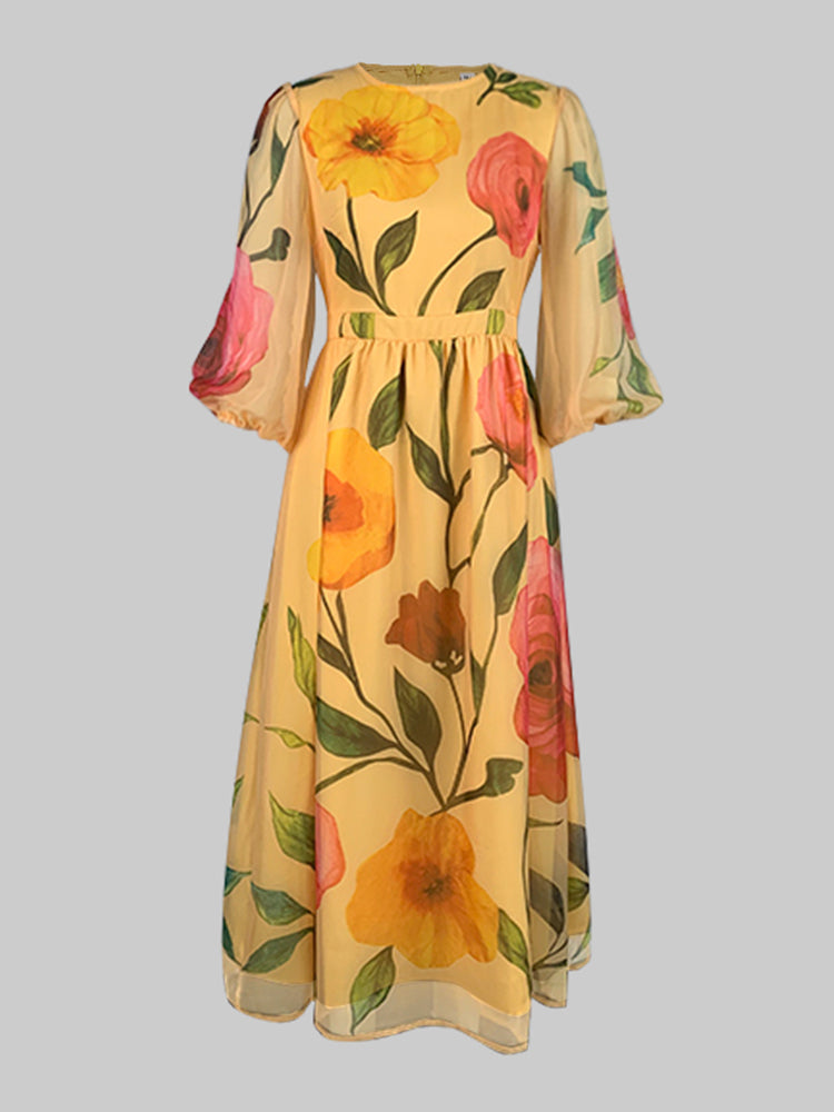 Loose Puff Sleeves Flower Print See-Through Round-Neck Midi Dresses