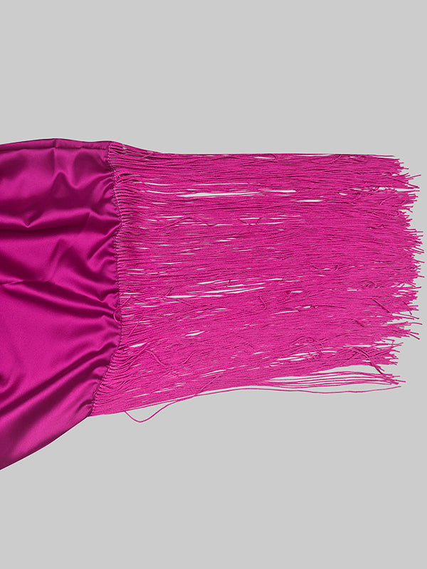 Batwing Sleeves Loose Solid Color Split-Joint Tasseled High Neck Evening Dresses Maxi Dresses