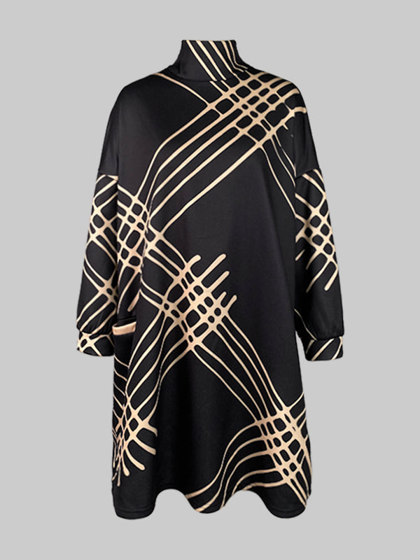 A-Line Long Sleeves Pockets Printed High Neck Mini Dresses