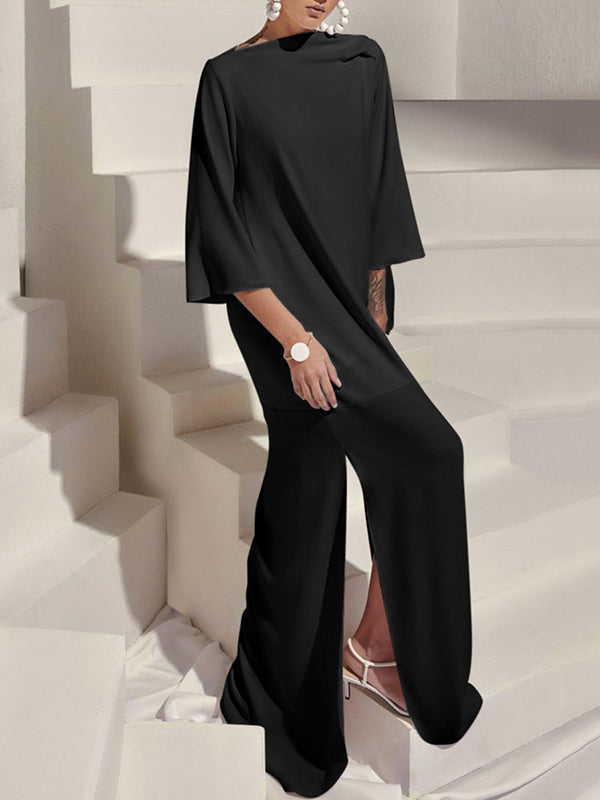 Loose Three-Quarter Sleeves Solid Color Split-Side Boat Neck Maxi Dresses
