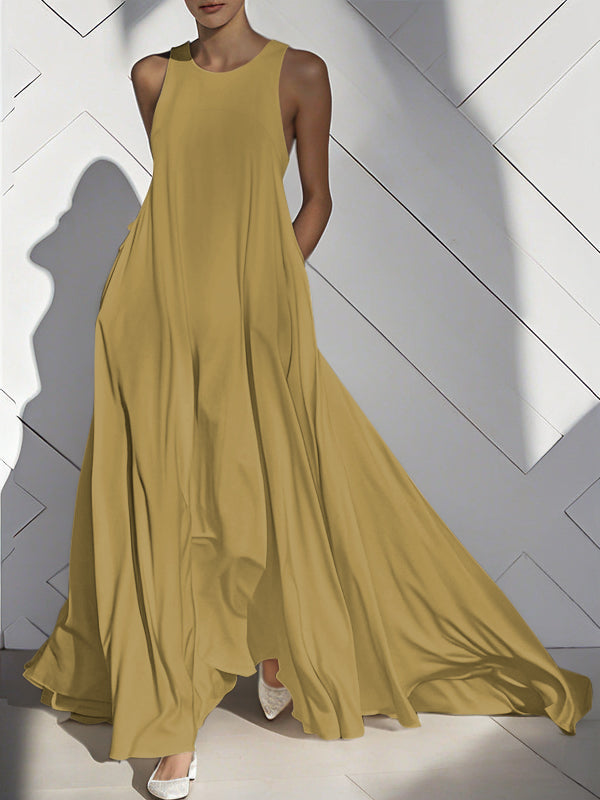 Loose Sleeveless Pockets Solid Color Split-Joint Round-Neck Maxi Dresses