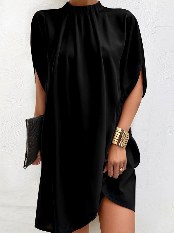 Loose Short Sleeves Solid Color Stand Collar Mini Dresses