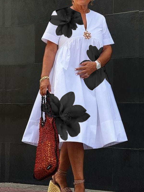 A-Line Loose Flower Print Pleated V-Neck Midi Dresses