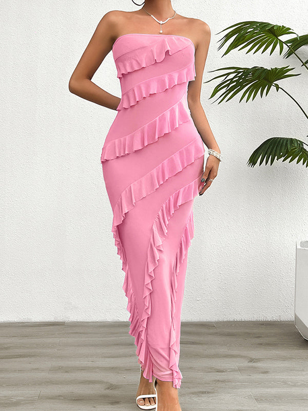 Bodycon High Waisted Ruffle Trim Solid Color Split-Back Split-Joint Tube Maxi Dresses