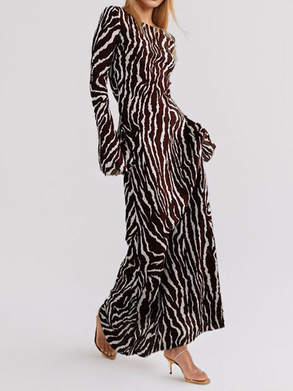 Long Sleeves Split-Toe Zebra Printed Round-Neck Maxi Dresses