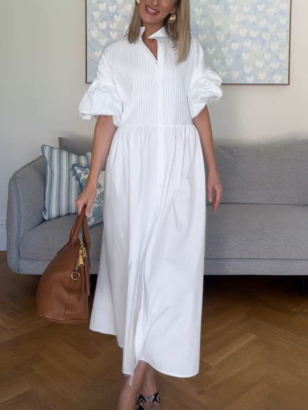 Half Sleeves Loose Buttoned Pleated Solid Color Tied Waist Stand Collar Maxi Dresses