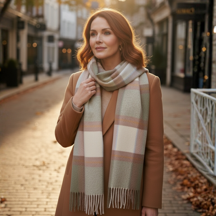 The Grace™ Wool Check Scarf – Soft Warmth in Blush & Grey Tones