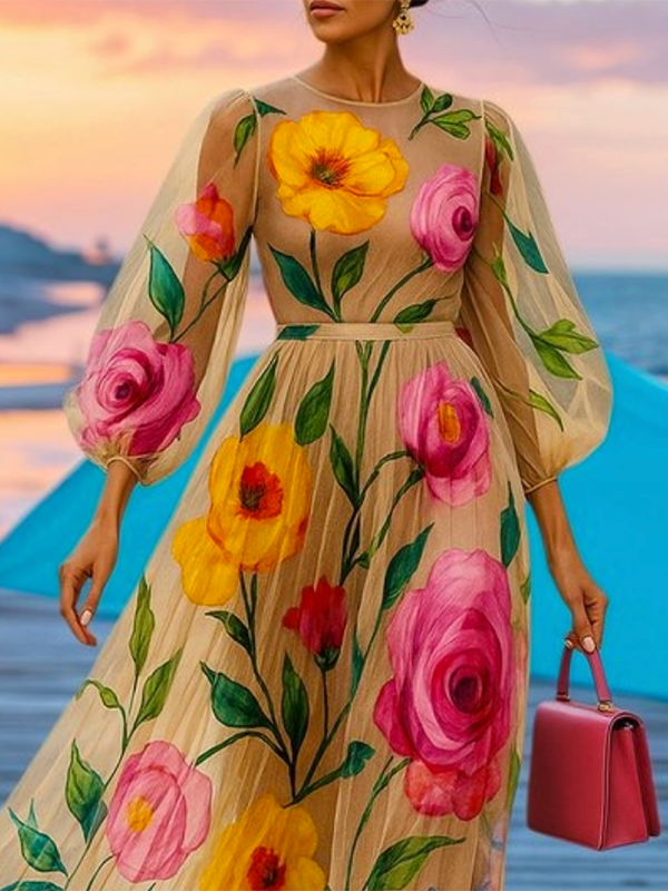 Loose Puff Sleeves Flower Print See-Through Round-Neck Midi Dresses