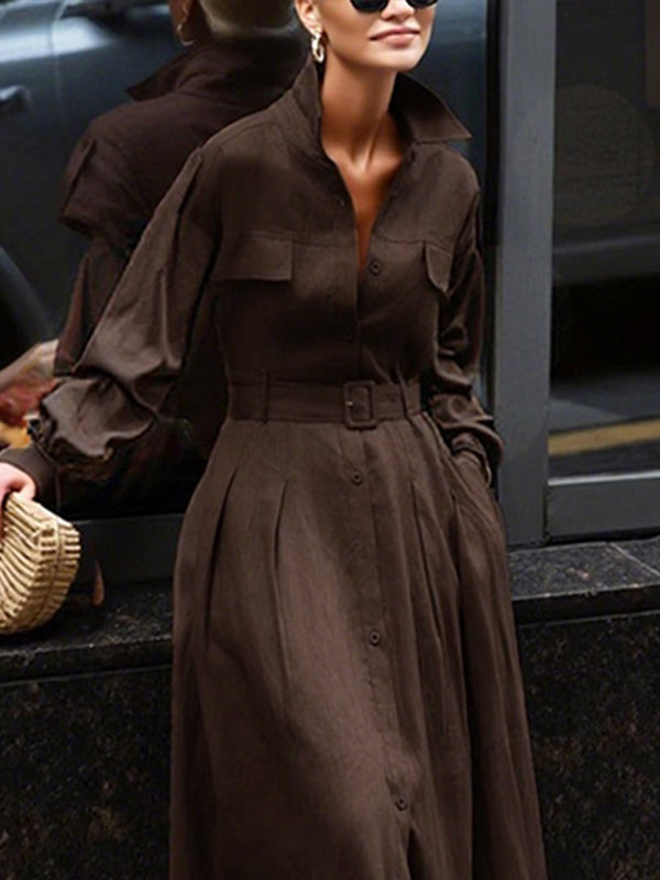 Loose Puff Sleeves Pleated Solid Color Split-Joint Lapel Maxi Dresses Shirt Dress