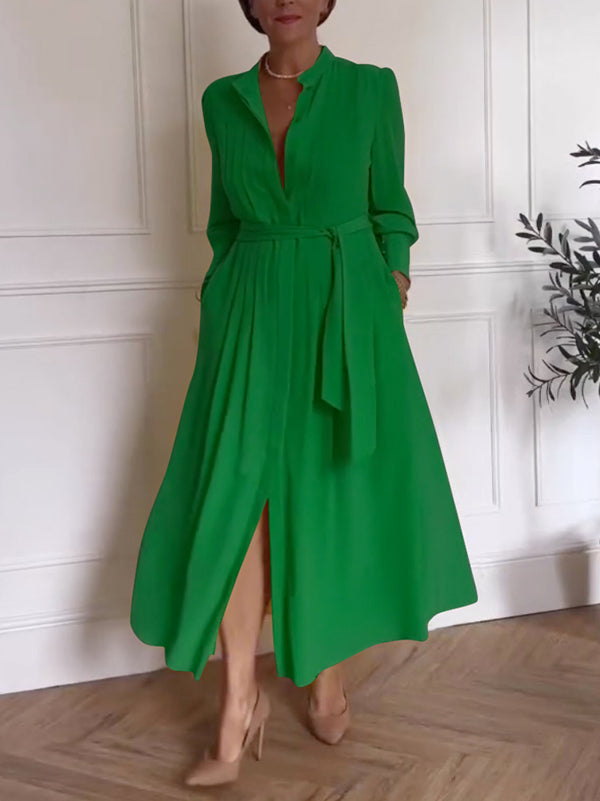 A-Line Long Sleeves Buttoned Pleated Pockets Solid Color Tied Waist V-Neck Maxi Dresses