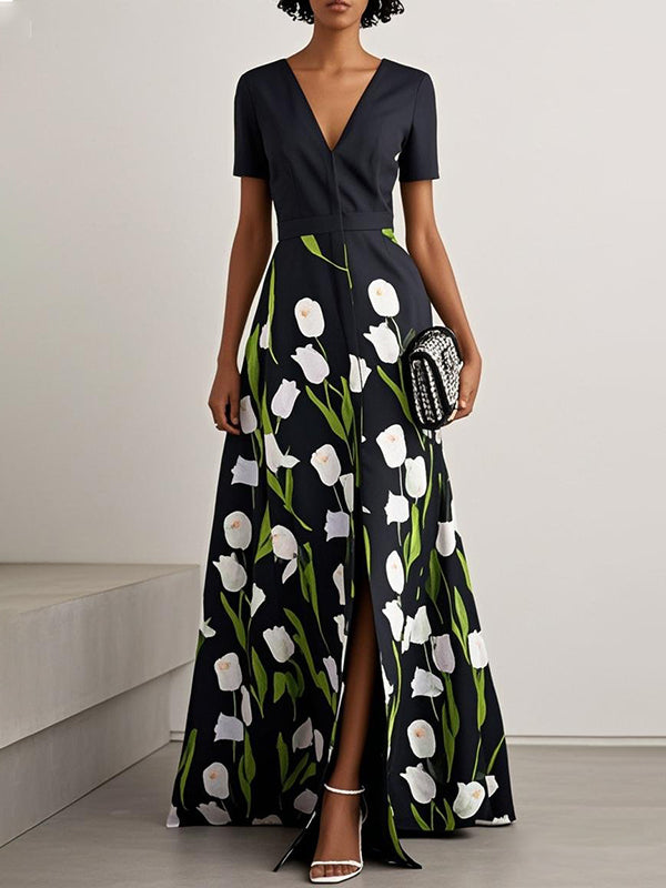 A-Line High Waisted Flower Print Split-Front V-Neck Maxi Dresses
