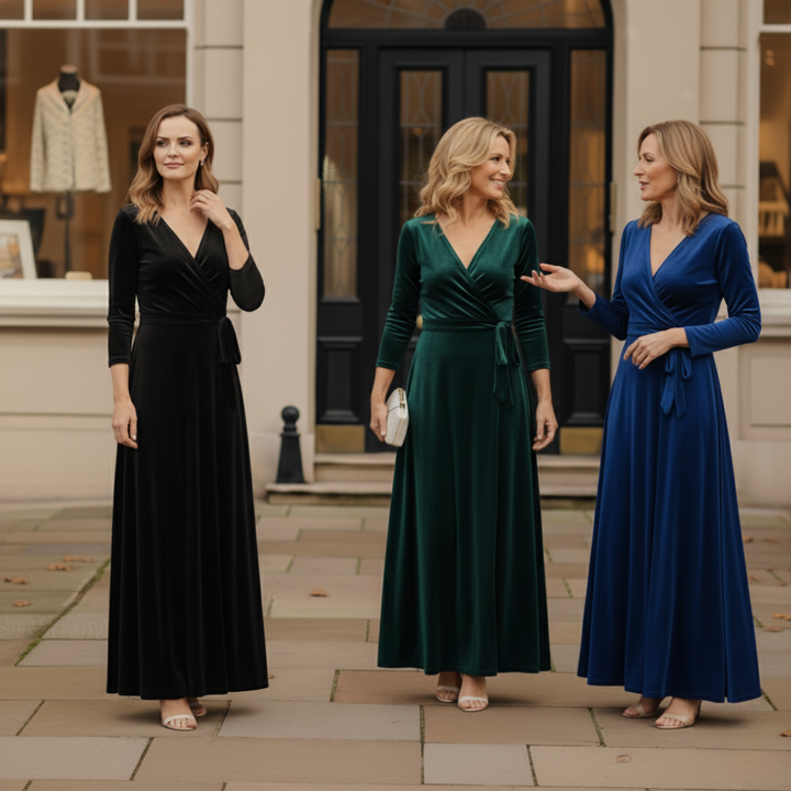 The Victoria™ Velvet Maxi Dress – Elegant Shine & Timeless Grace
