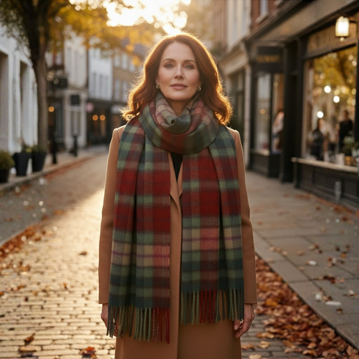 The Grace™ Wool Check Scarf – Soft Warmth in Blush & Grey Tones