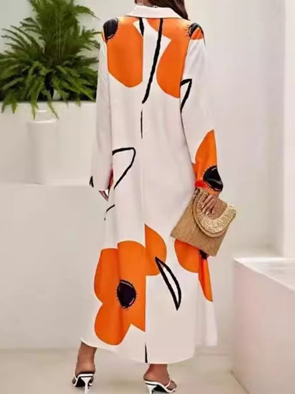 Long Sleeves Loose Floral Printed Split-Joint Lapel Maxi Dresses Shirt Dress