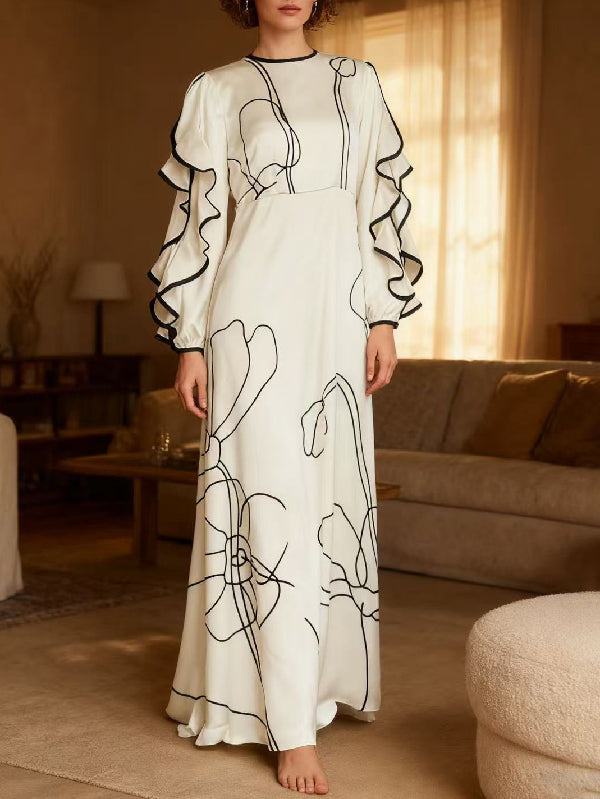 Loose Contrast Color Falbala Flower Print Hollow Zipper Maxi Dresses