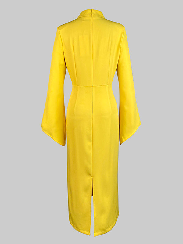 Flared Sleeves High Waisted Buttoned Solid Color Mock Neck Midi Dresses