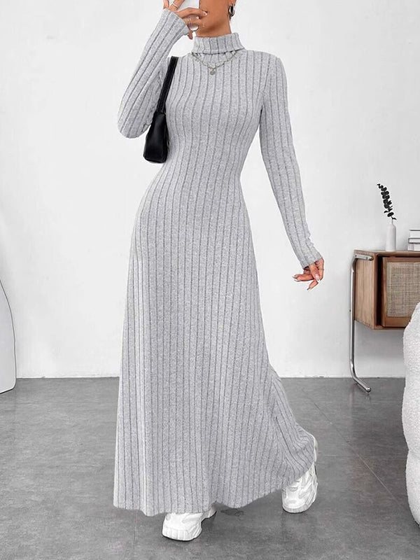 Long Sleeves Pleated Solid Color Split-Joint High Neck Maxi Dresses
