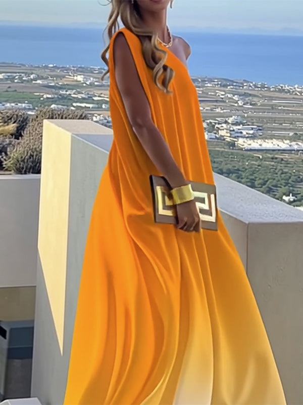 Loose Gradient Split-Joint One-Shoulder Maxi Dresses