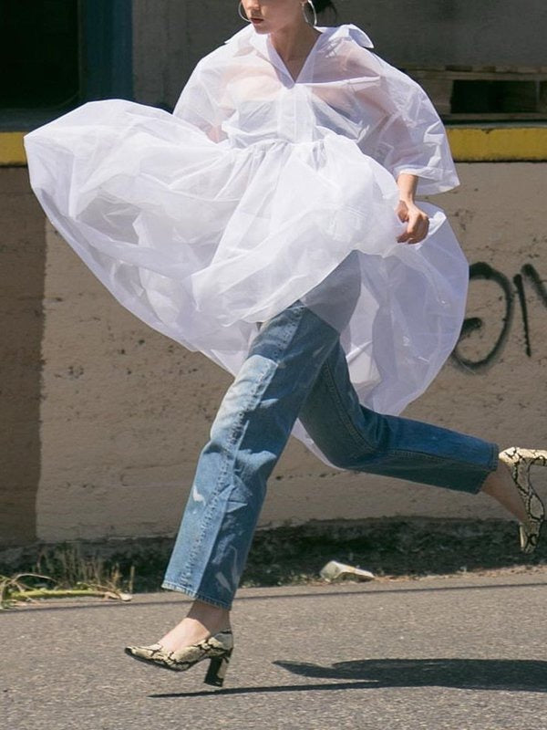 Half Sleeves High Waisted Pleated See-Through Solid Color Lapel Midi Dresses Shirt Dress