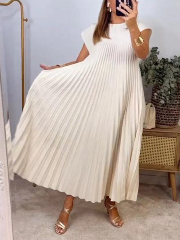 A-Line High Waisted Pleated Pockets Solid Color Split-Joint Round-Neck Maxi Dresses