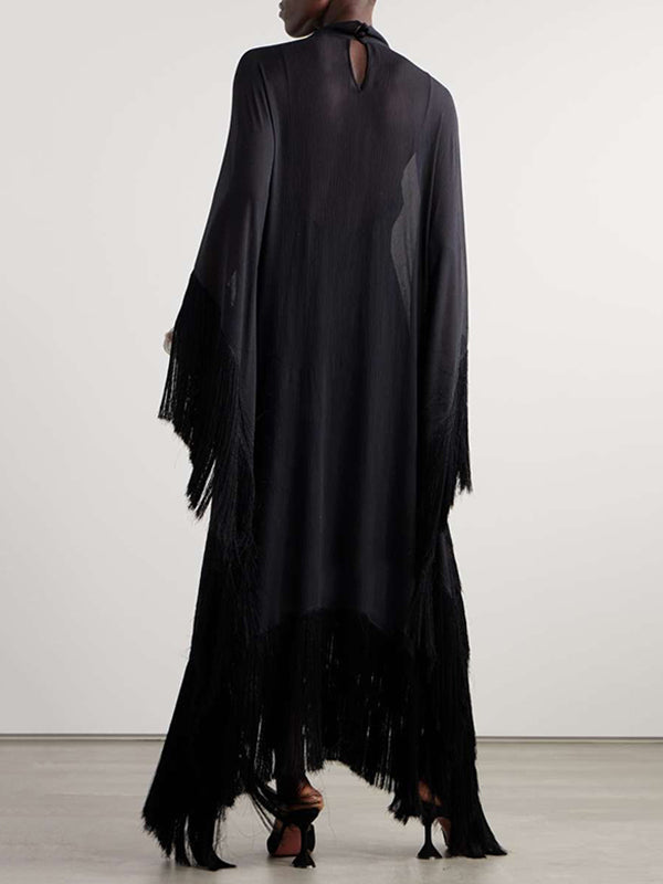Batwing Sleeves Loose See-Through Solid Color Tasseled Mock Neck Maxi Dresses