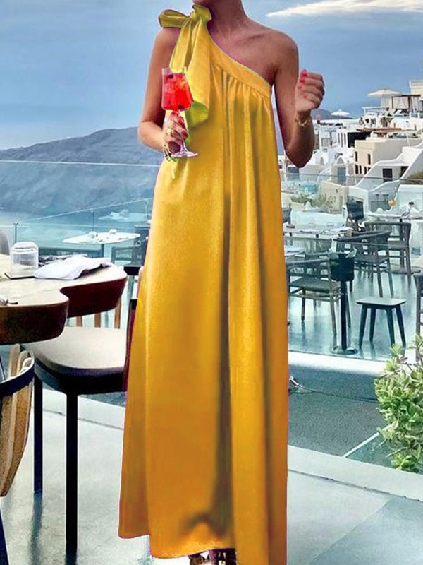 A-Line Loose Asymmetric Pleated Solid Color Tied One-Shoulder Maxi Dresses