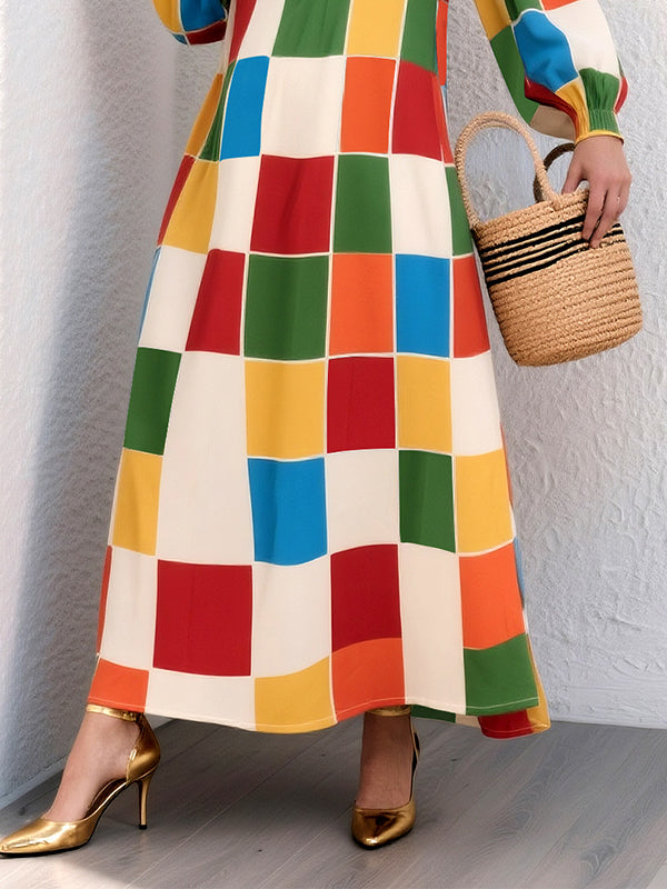 Loose Puff Sleeves Elasticity Rainbow Plaid Split-Joint V-Neck Maxi Dresses