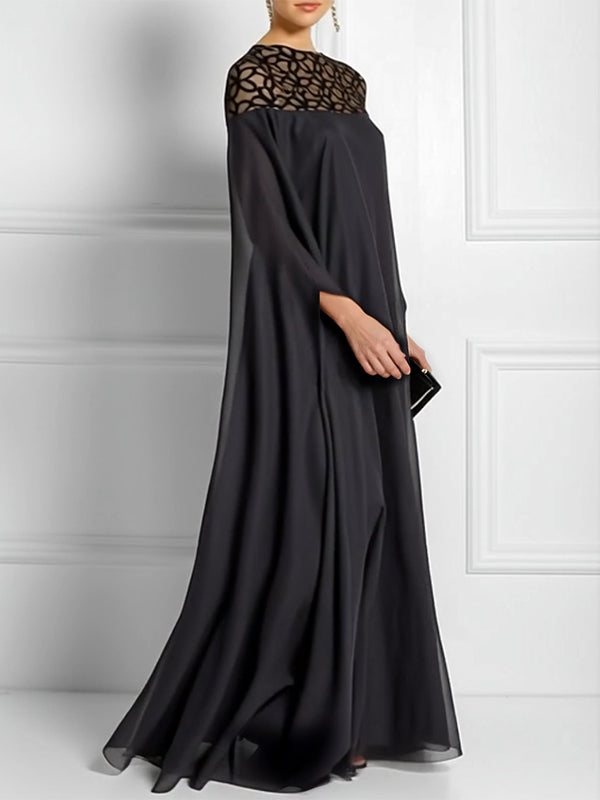 Batwing Sleeves Loose Jacquard See-Through Solid Color Split-Joint Three-Dimensional Flower Round-Neck Maxi Dresses