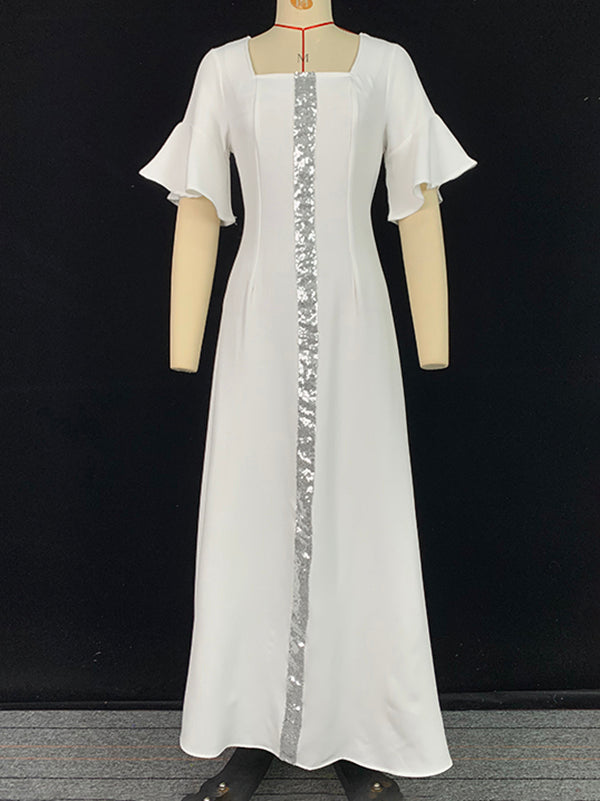 A-Line Flared Sleeves Shiny Solid Color Split-Joint Square-Neck Maxi Dresses