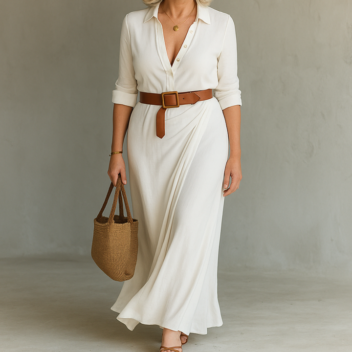 Timeless Belted Maxi Dress — Lapel Collar & Long Sleeves