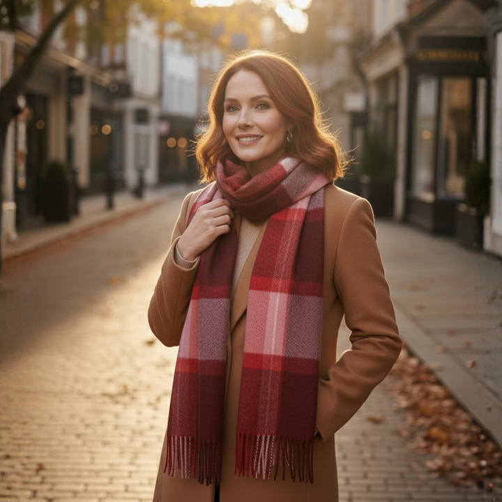 The Grace™ Wool Check Scarf – Soft Warmth in Blush & Grey Tones