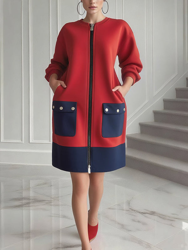 Long Sleeves Loose Contrast Color Pockets Split-Joint Zipper Round-Neck Midi Dresses