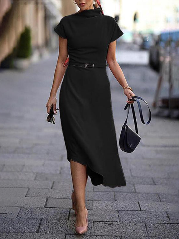 A-Line Loose Asymmetric Solid Color Mock Neck Midi Dresses